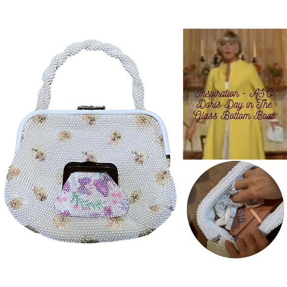 VTG 60s Lumered Beaded Frame Bag and Coin Purse Flowers Butterflies Doris Day - Picture 1 of 11